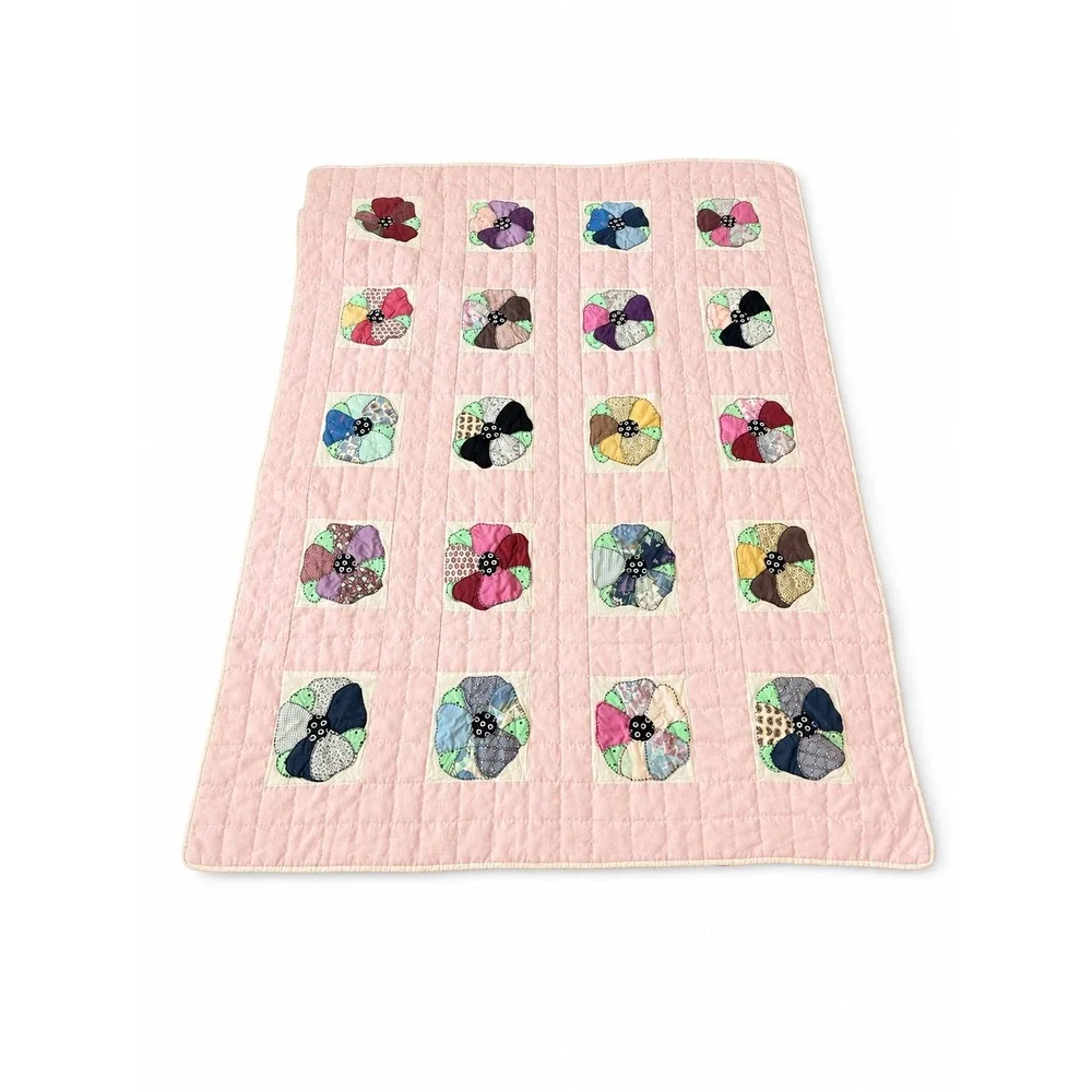 Vintage Handmade Pink Dresden Plate Floral Quilt Hand Stitched Patchwork Throw